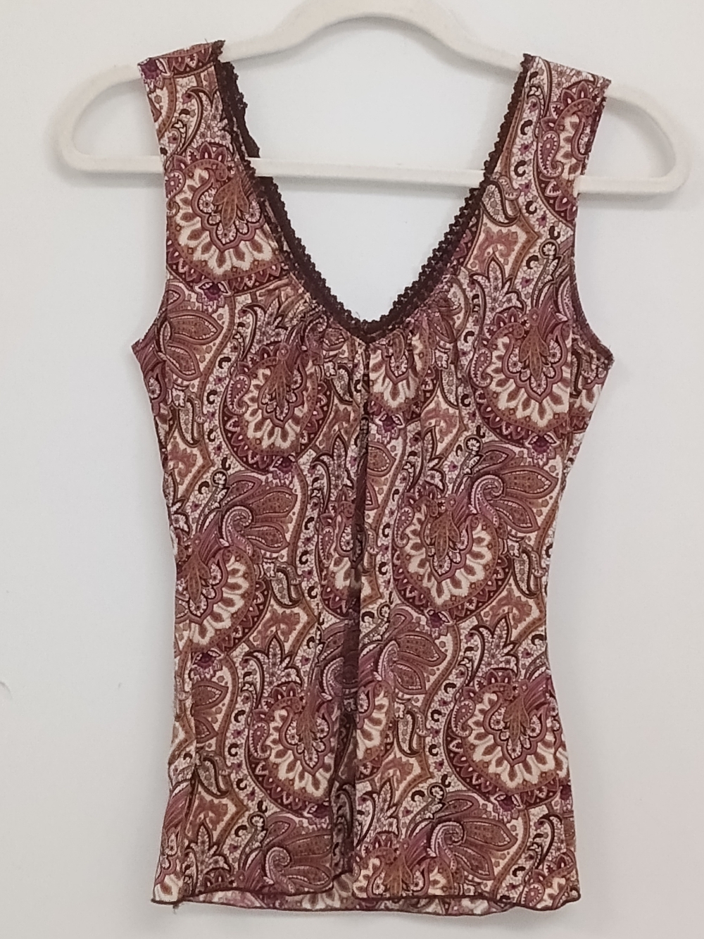 Agenda Y2K Paisley Retro V-Neck Brown Pink Stretch Sleeveless Tank Top Small